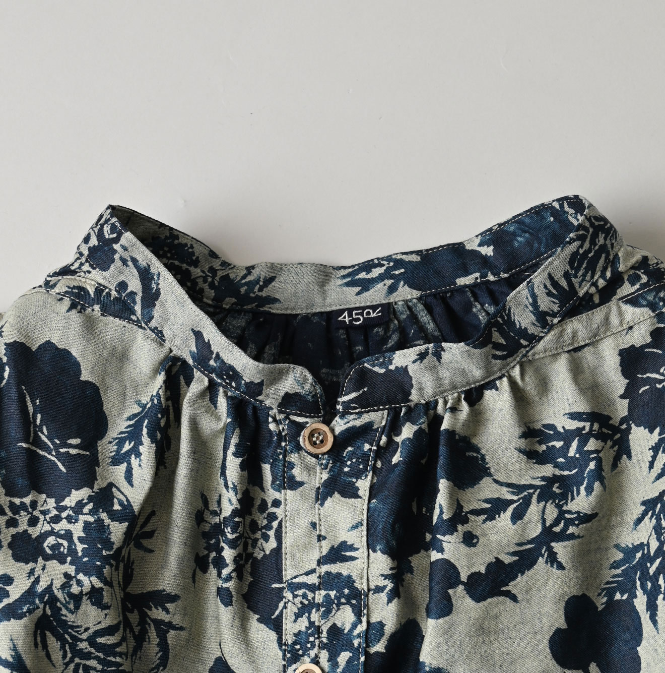 Indigo Discharged Rose Print Smock Detail