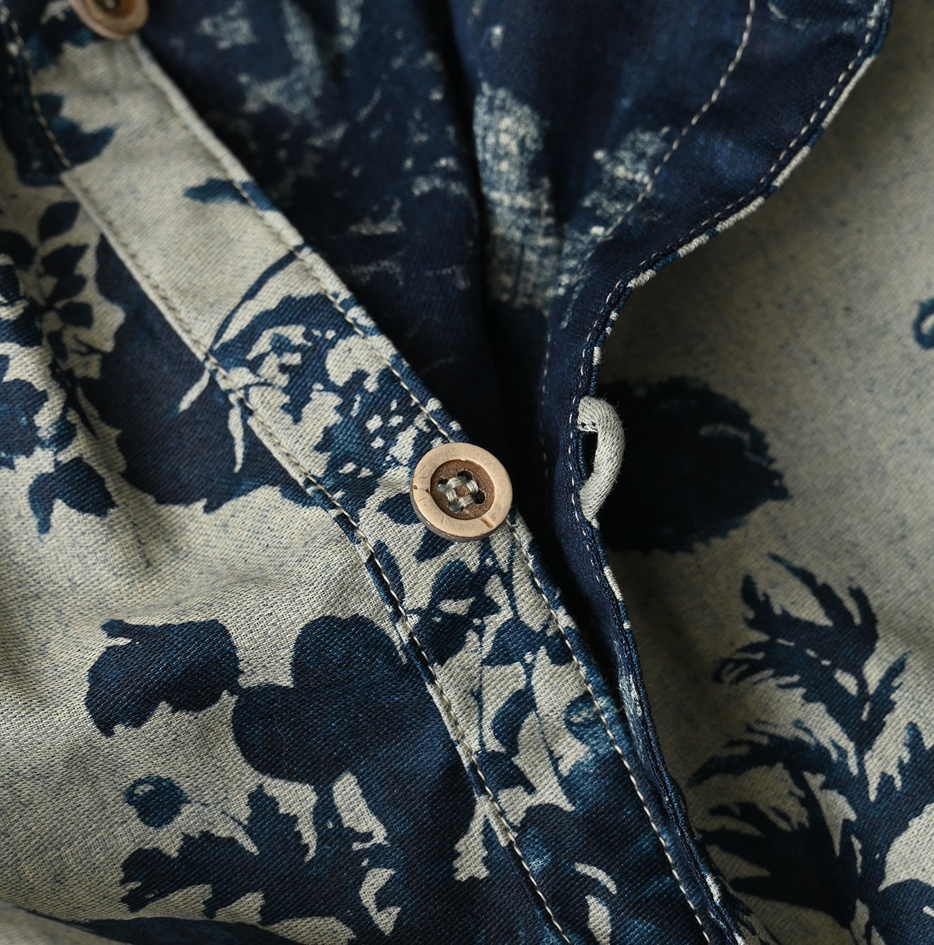 Indigo Discharged Rose Print Smock Detail