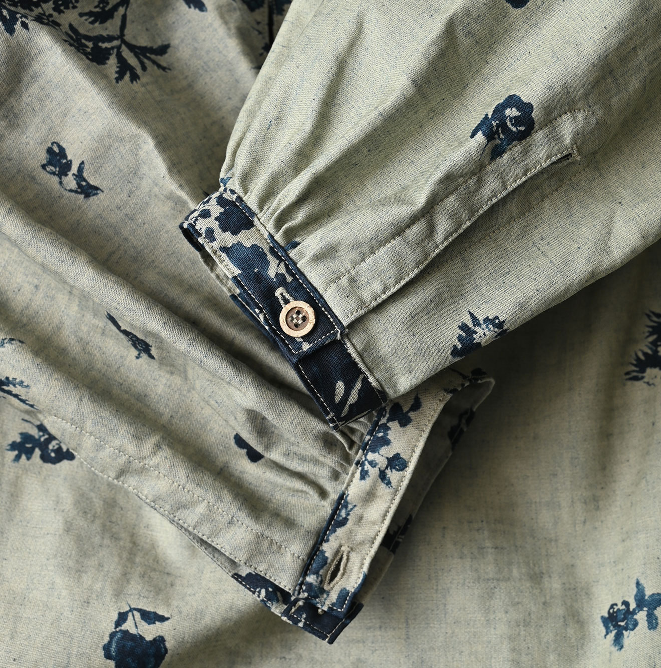 Indigo Discharged Rose Print Smock Detail
