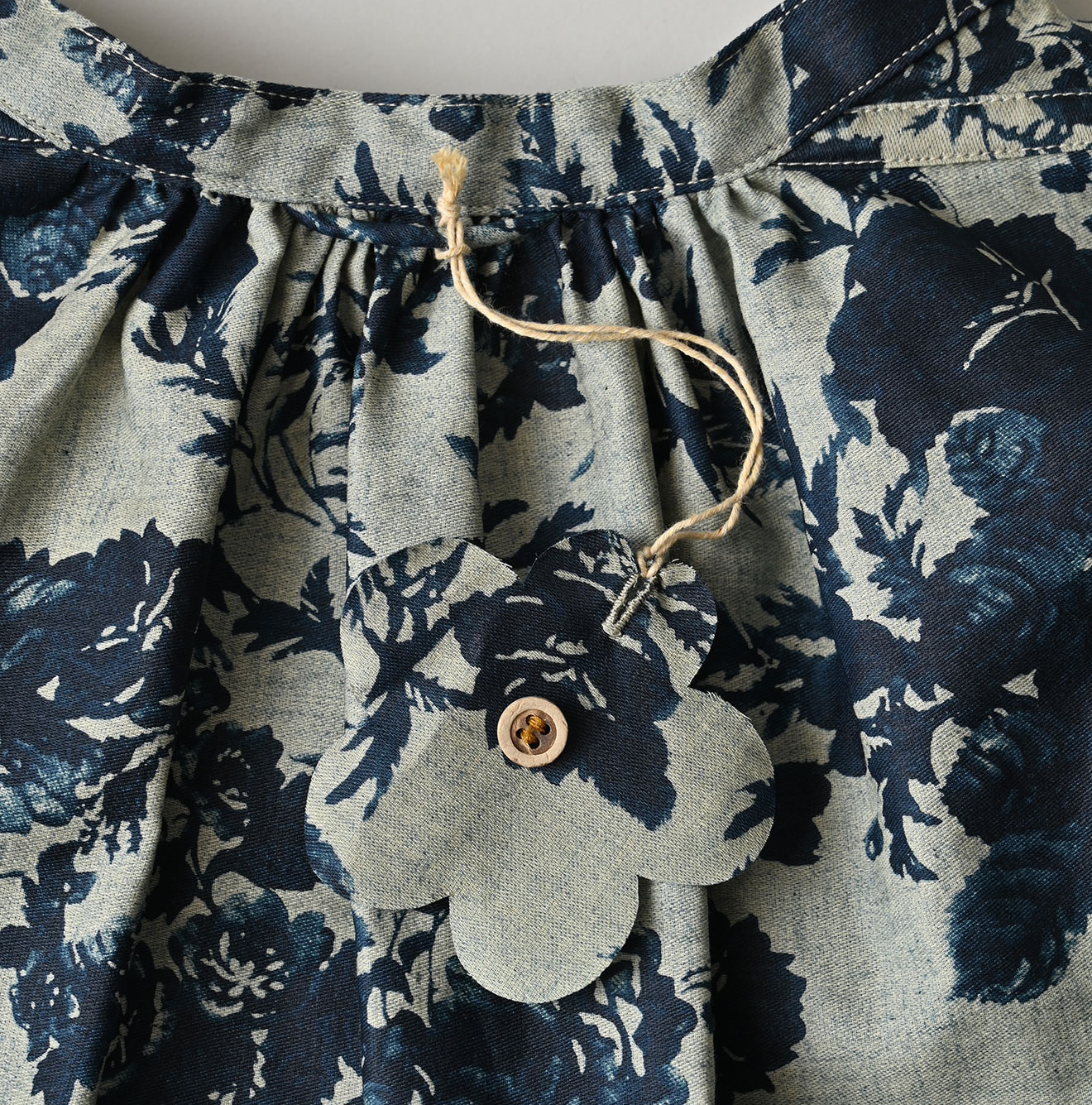 Indigo Discharged Rose Print Smock Detail