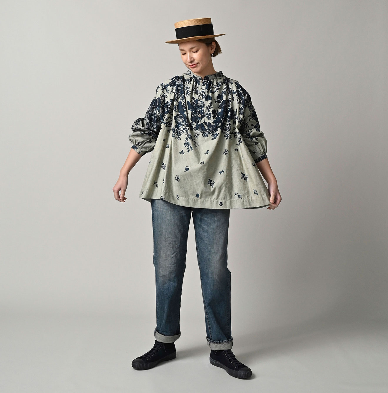 Indigo Discharged Rose Print Smock Female Model