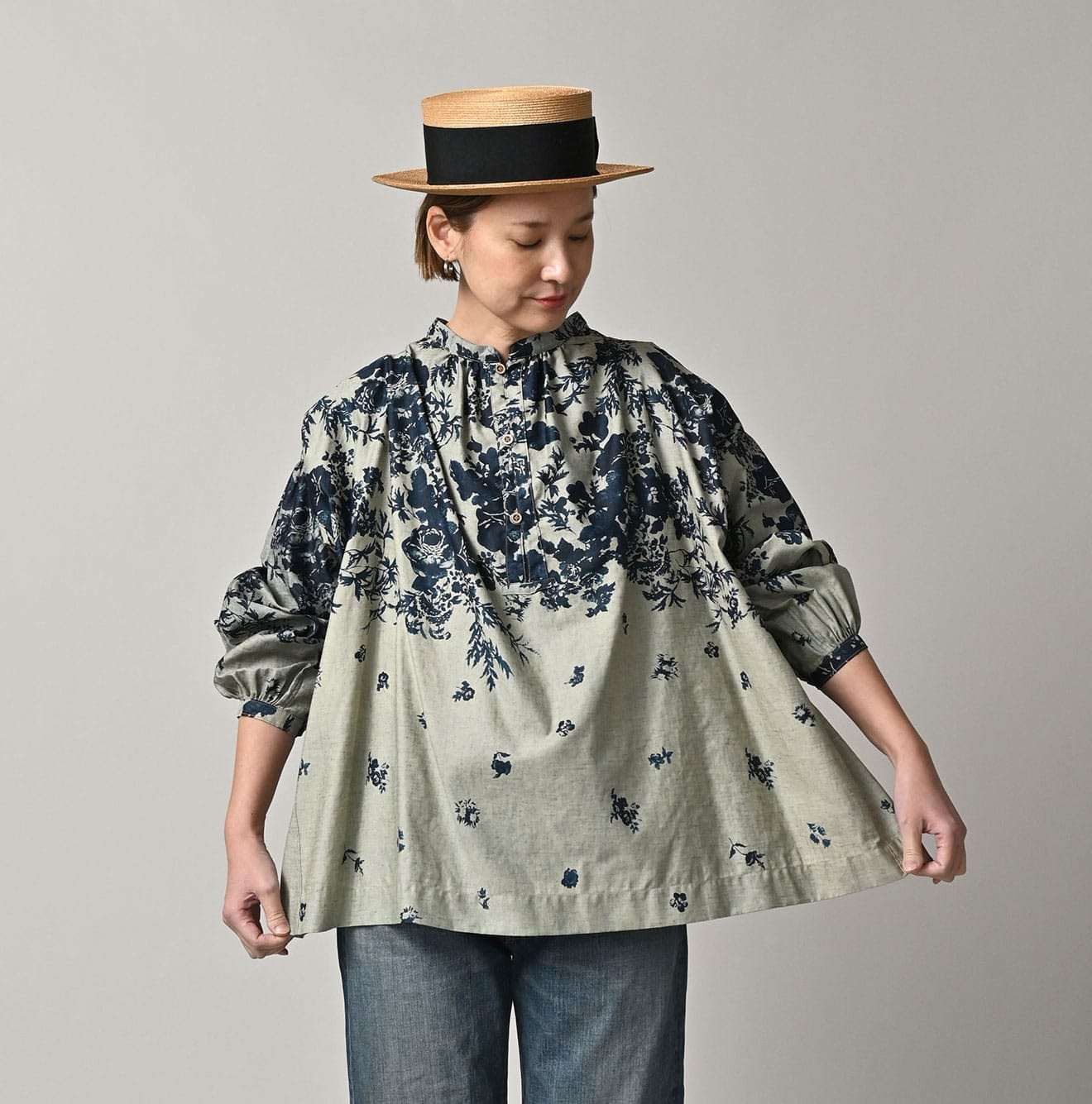 Indigo Discharged Rose Print Smock Female Model