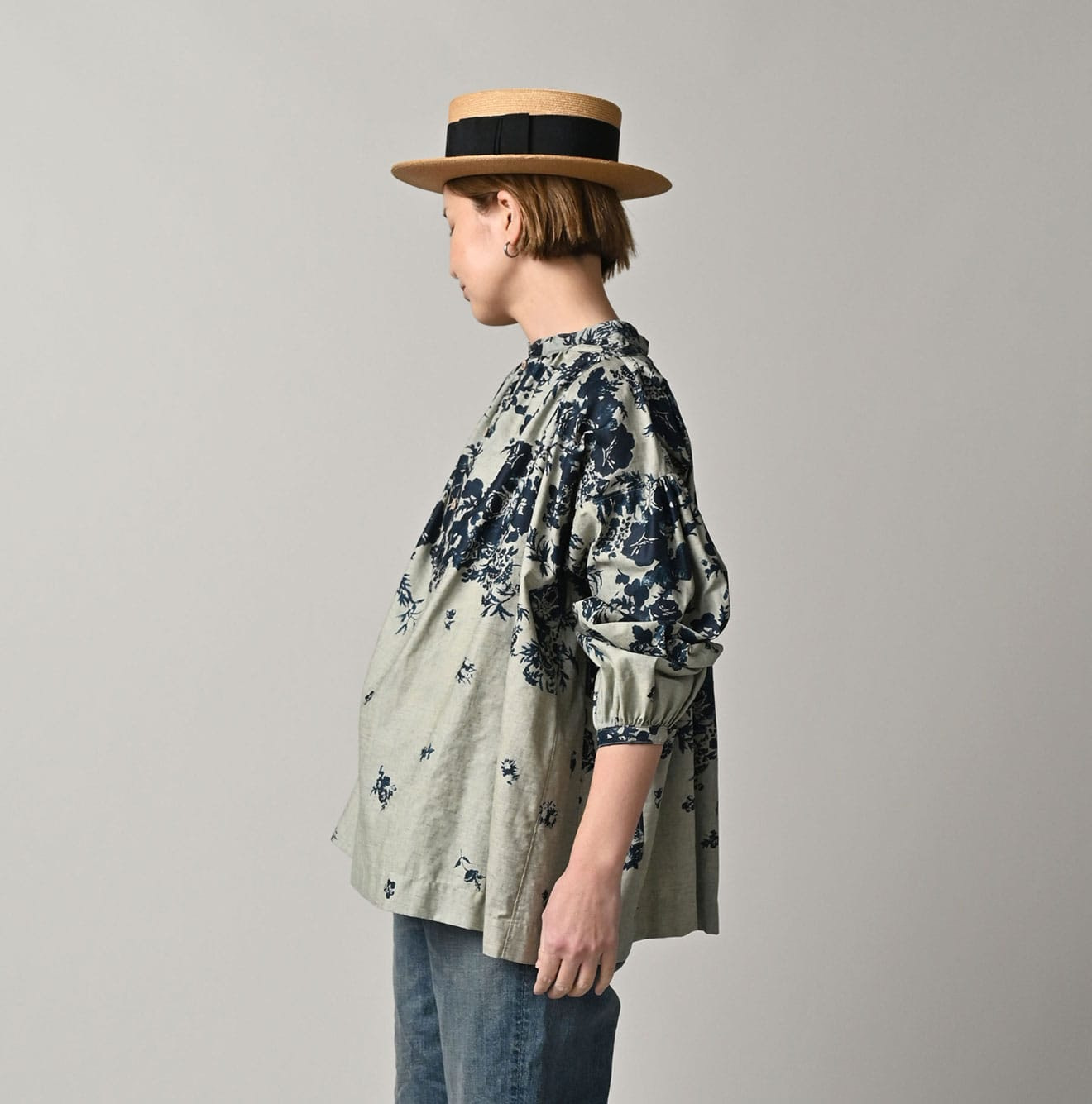 Indigo Discharged Rose Print Smock Female Model