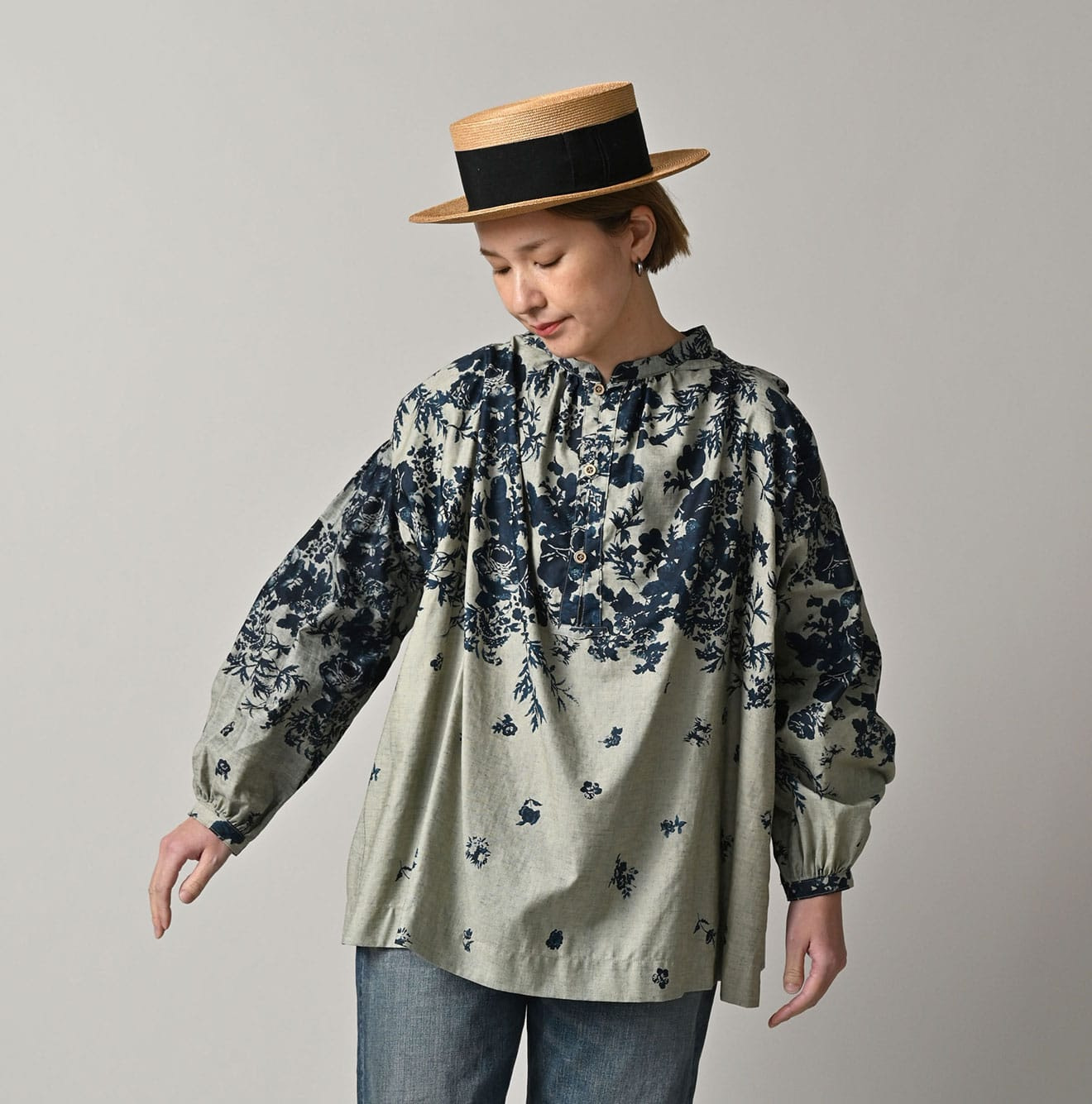 Indigo Discharged Rose Print Smock Female Model