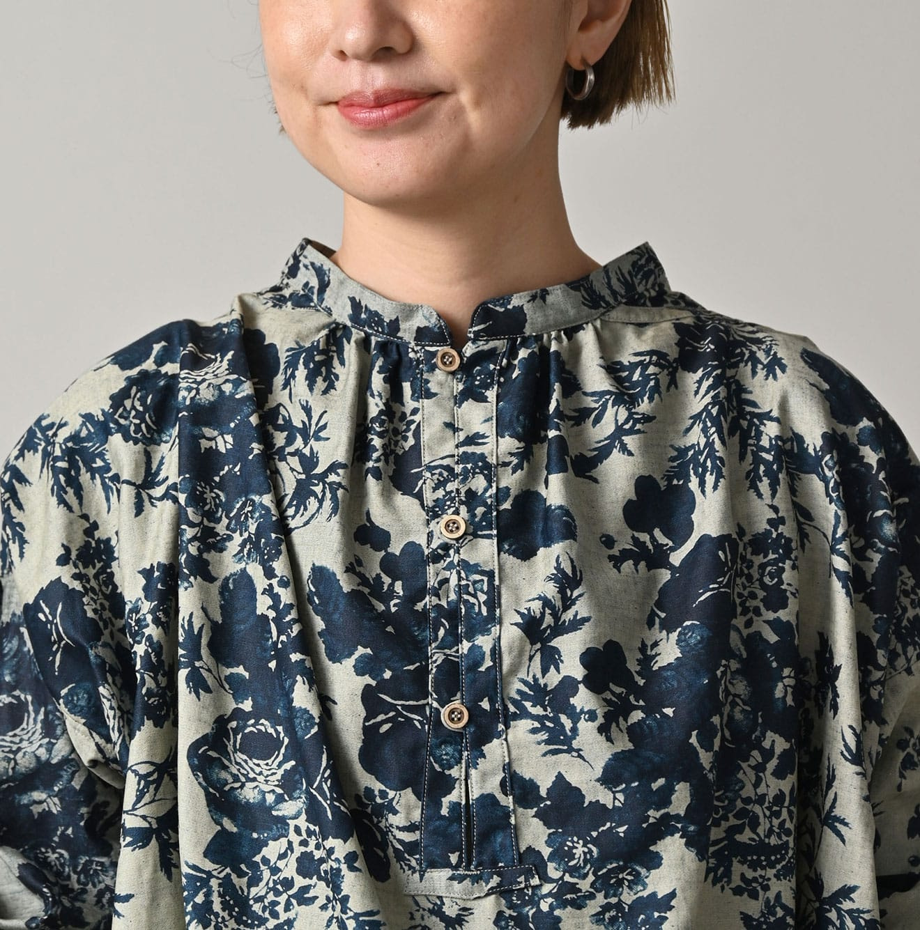 Indigo Discharged Rose Print Smock Detail