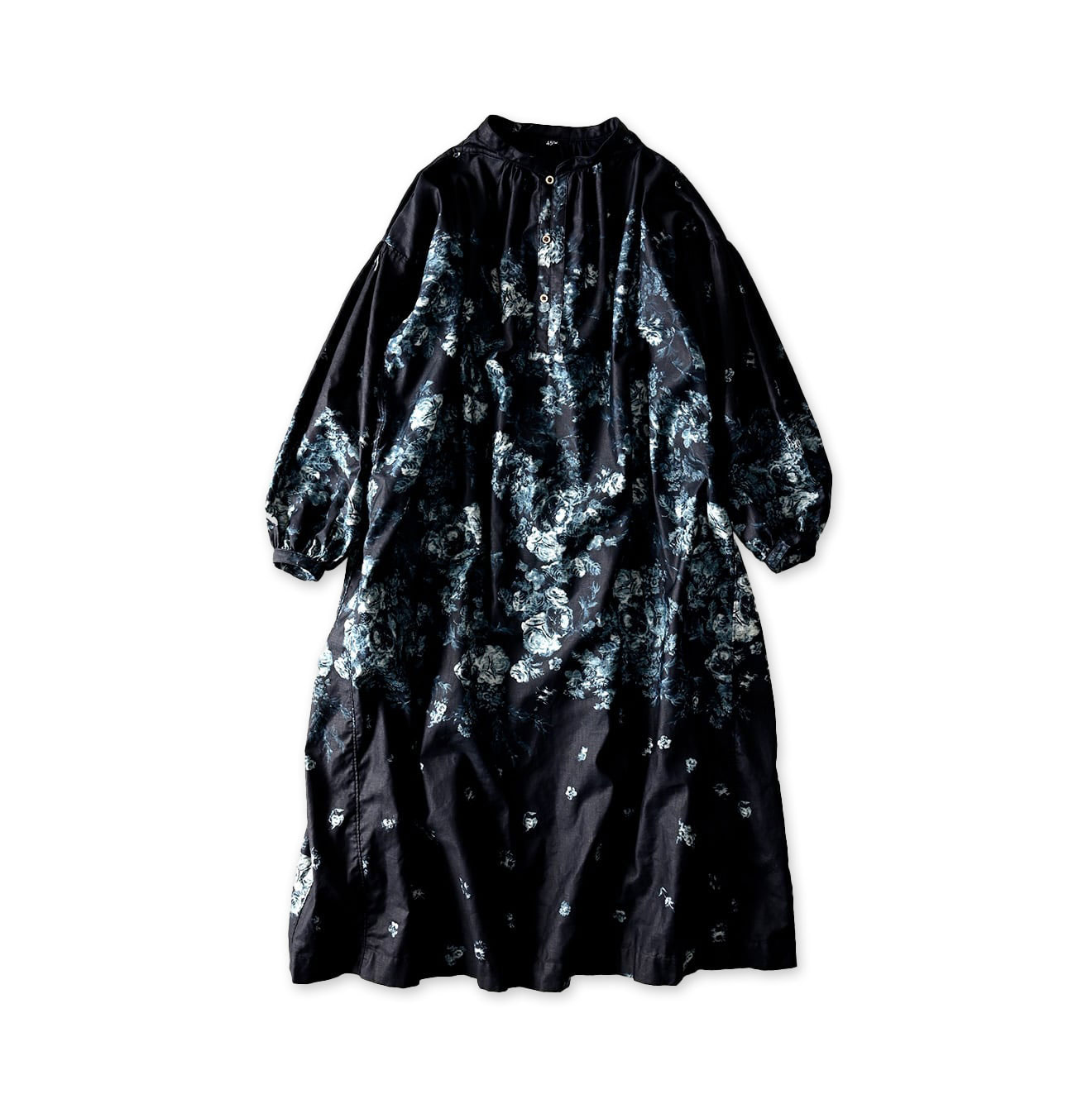 Indigo Discharged Rose Print Smock Dress Indigo Discharge Print