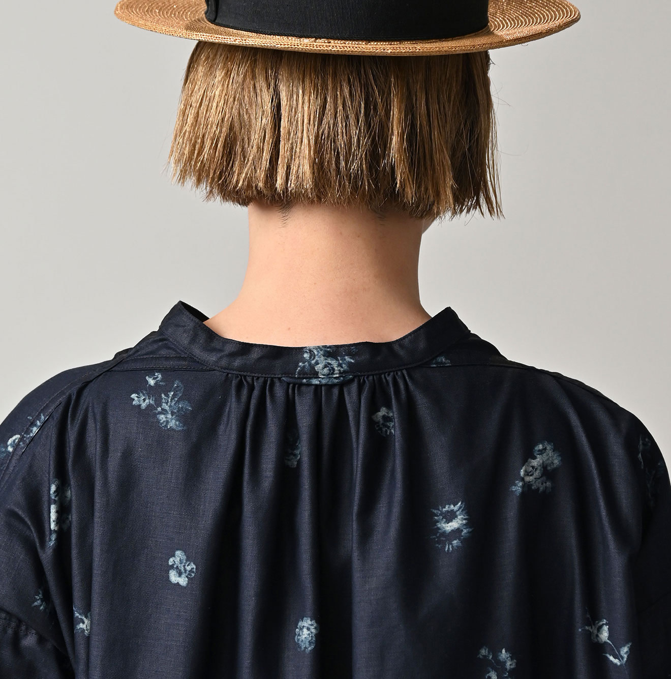 Indigo Discharged Rose Print Smock Dress Detail