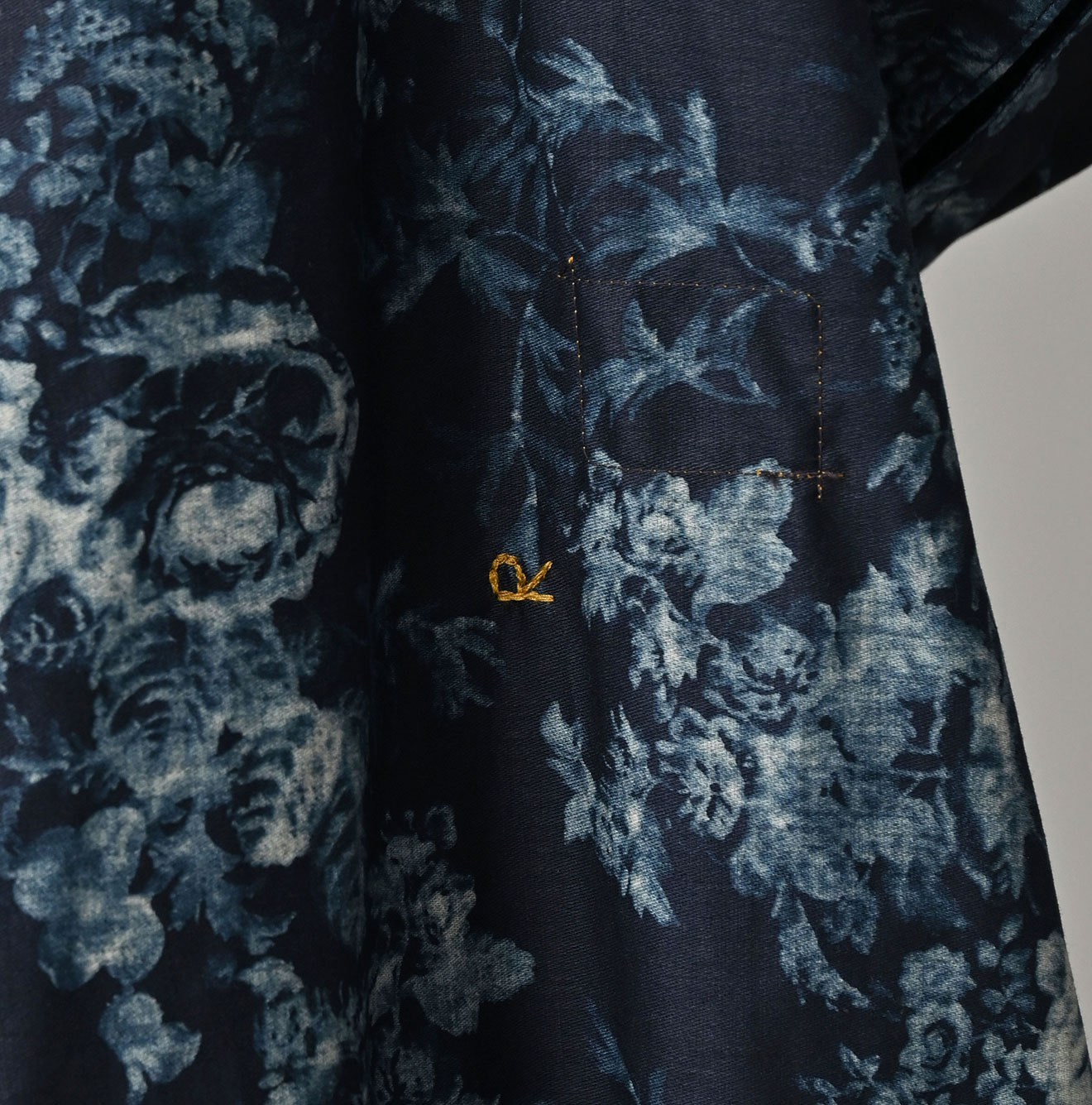 Indigo Discharged Rose Print Smock Dress Detail