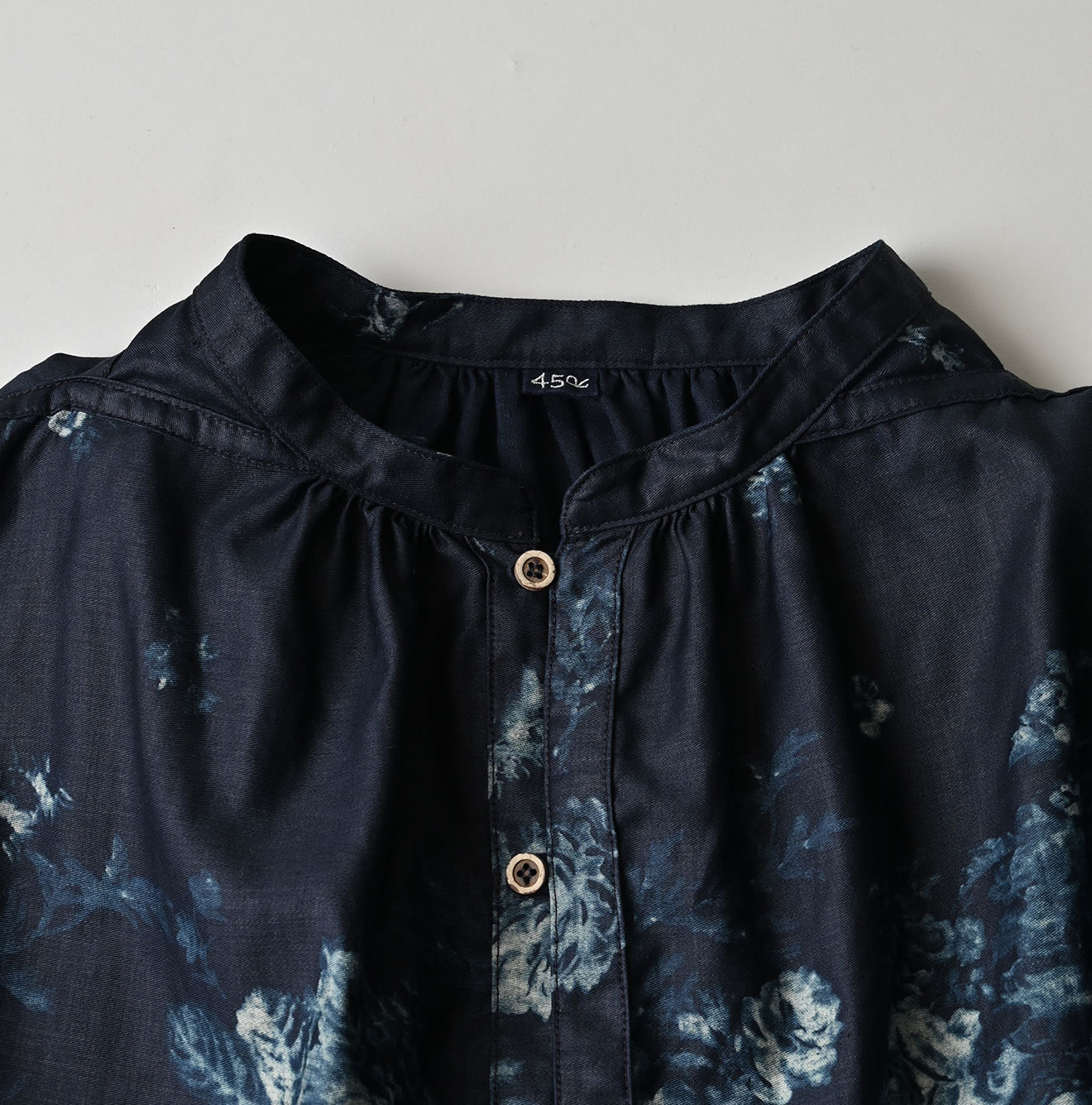 Indigo Discharged Rose Print Smock Dress Detail