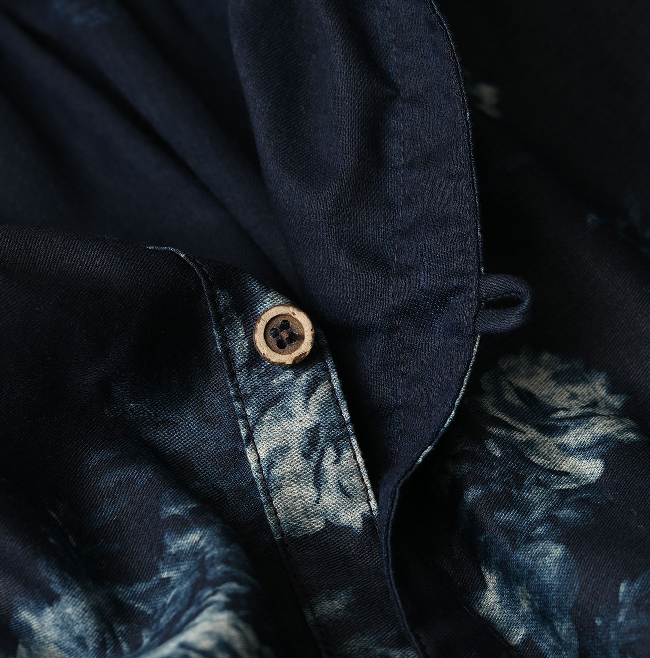 Indigo Discharged Rose Print Smock Dress Detail