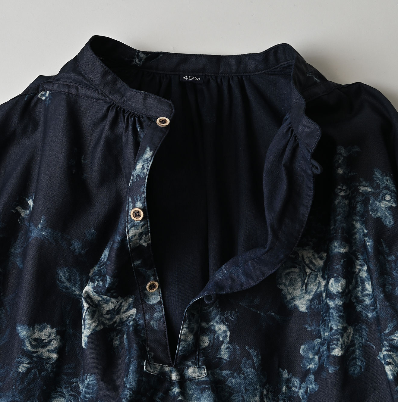 Indigo Discharged Rose Print Smock Dress Detail
