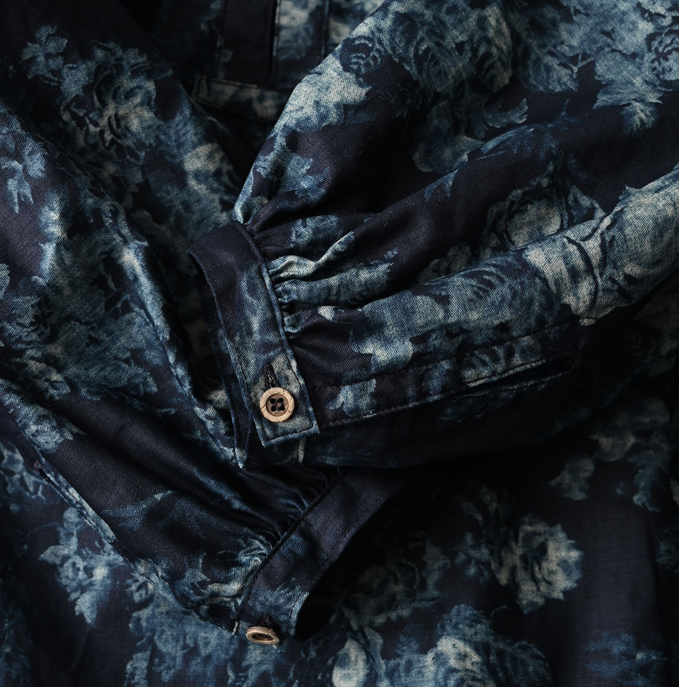 Indigo Discharged Rose Print Smock Dress Detail