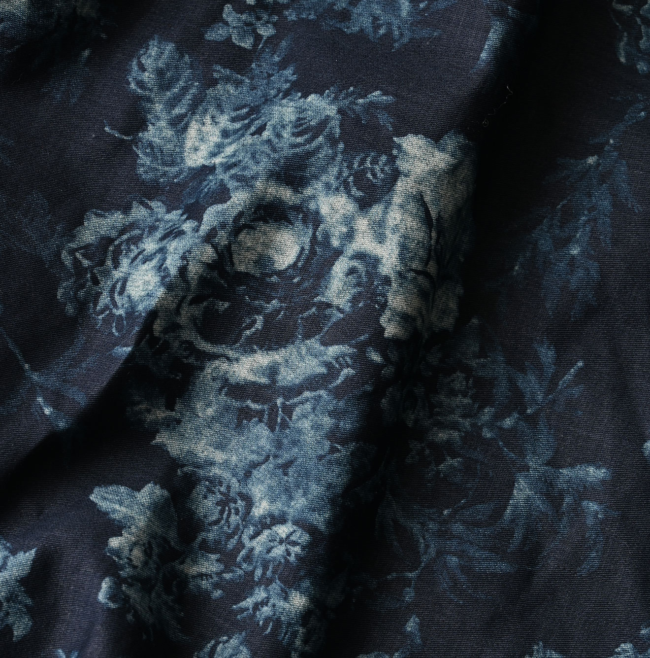 Indigo Discharged Rose Print Smock Dress Detail
