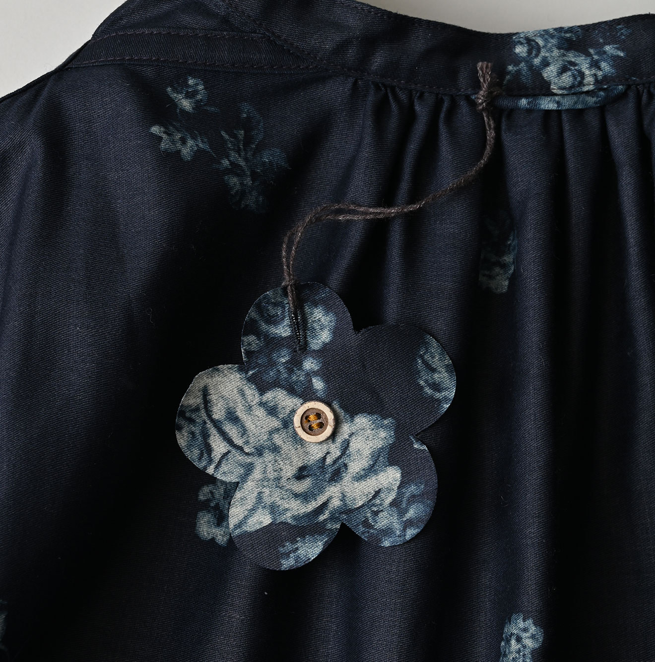 Indigo Discharged Rose Print Smock Dress Detail