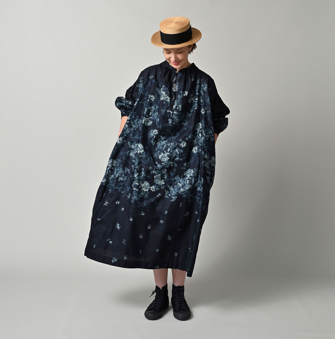 Indigo Discharged Rose Print Smock Dress Female Model