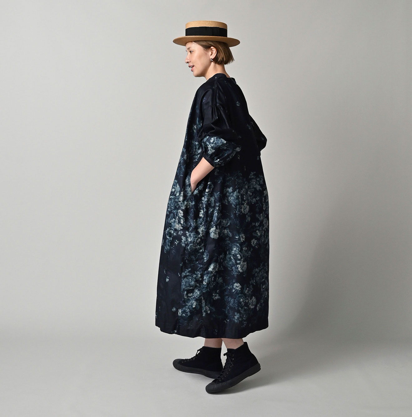 Indigo Discharged Rose Print Smock Dress Female Model