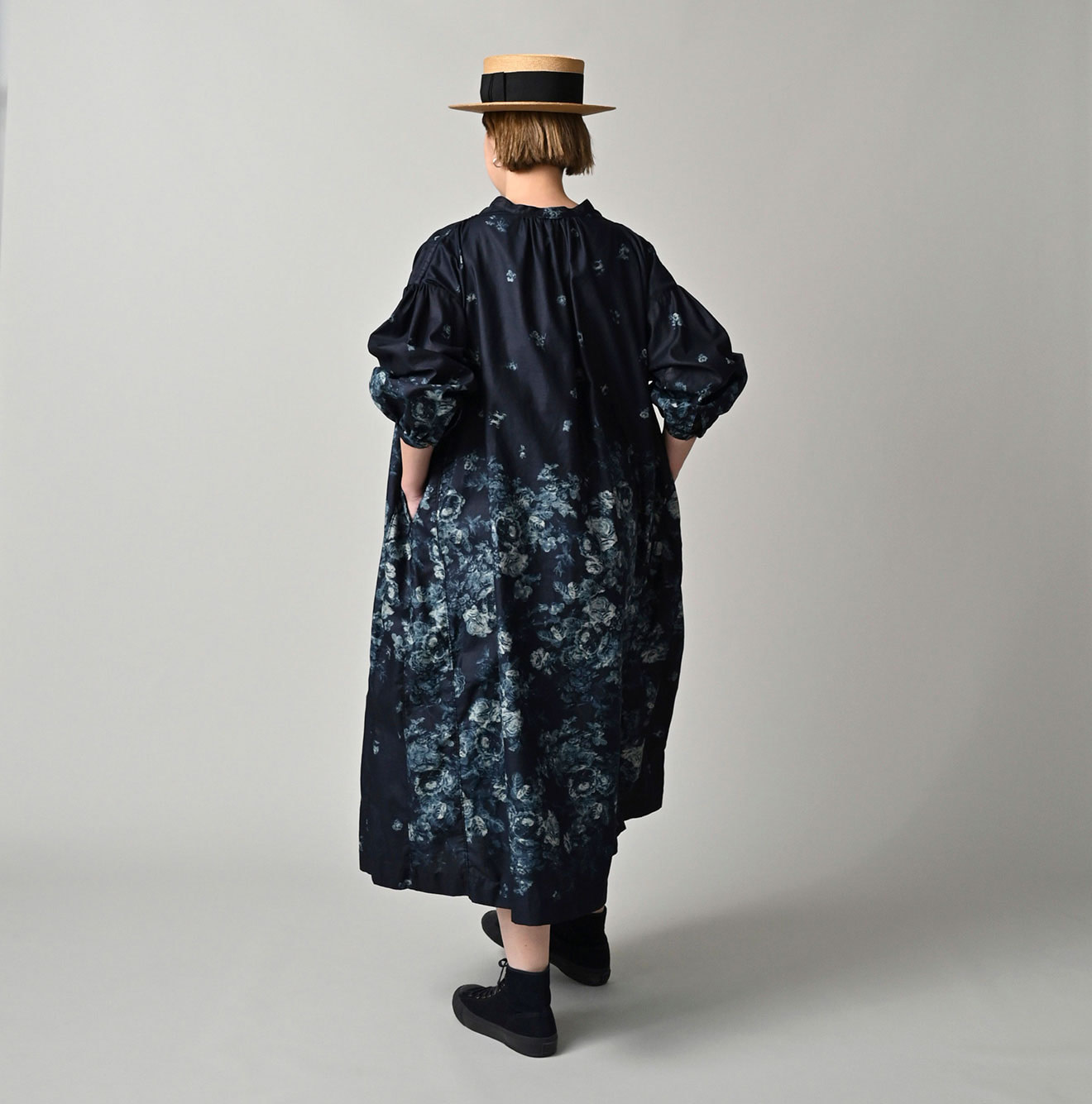 Indigo Discharged Rose Print Smock Dress Female Model