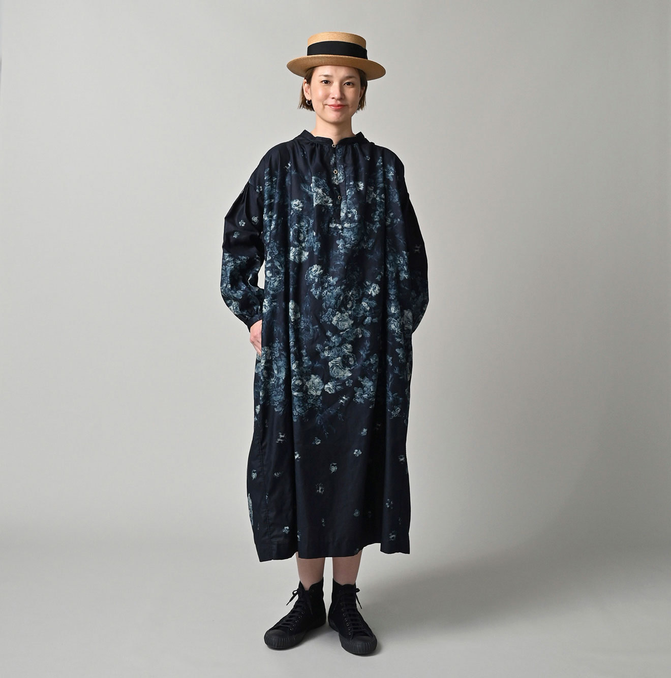 Indigo Discharged Rose Print Smock Dress Female Model