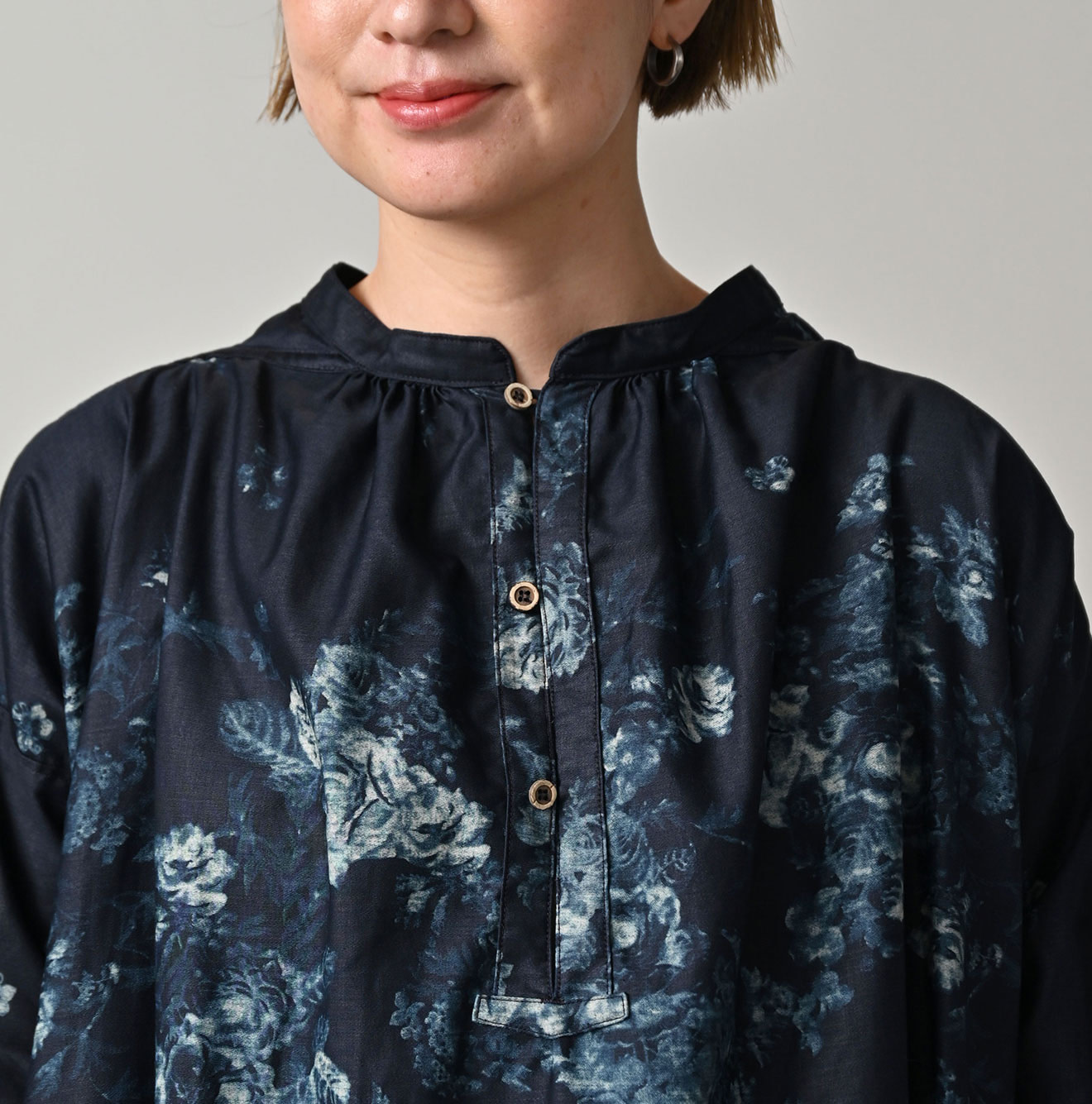 Indigo Discharged Rose Print Smock Dress Detail