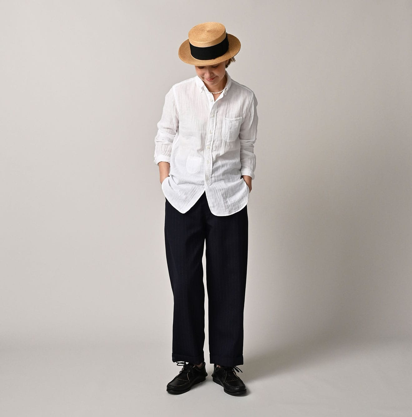Gauze Double Woven 908 Loafer Button Down Shirt White Female Model