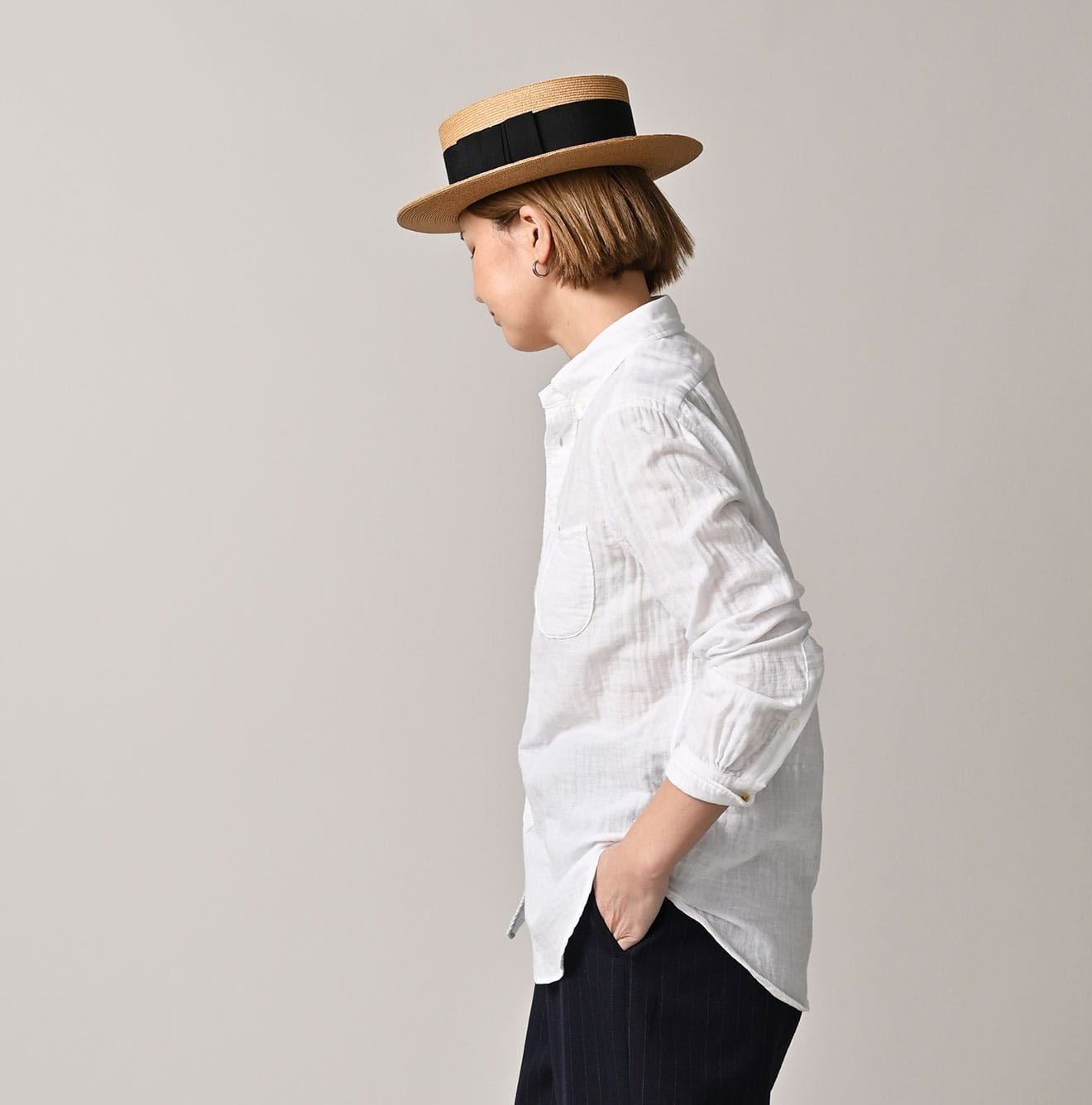 Gauze Double Woven 908 Loafer Button Down Shirt White Female Model