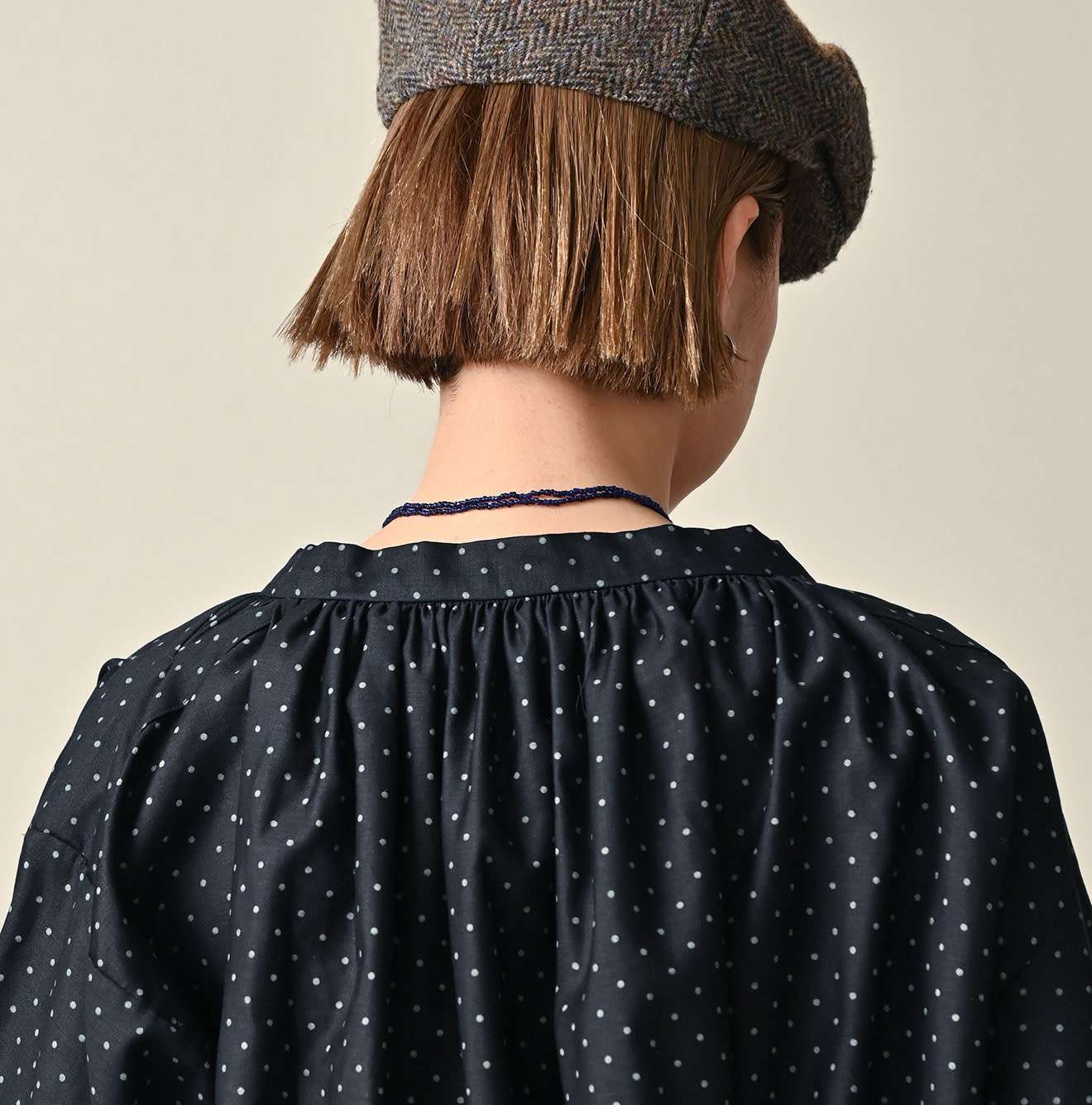 Indigo Dot Print Scrunchie Smock Blouse Detail