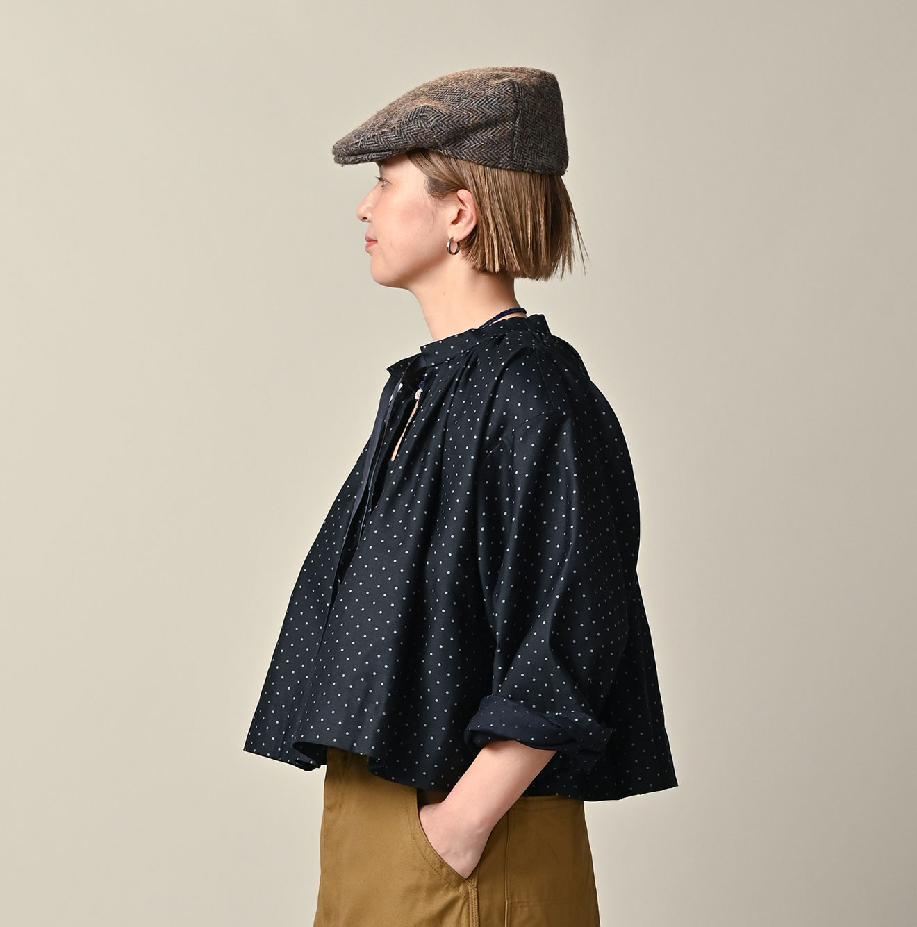 Indigo Dot Print Scrunchie Smock Blouse Female Model