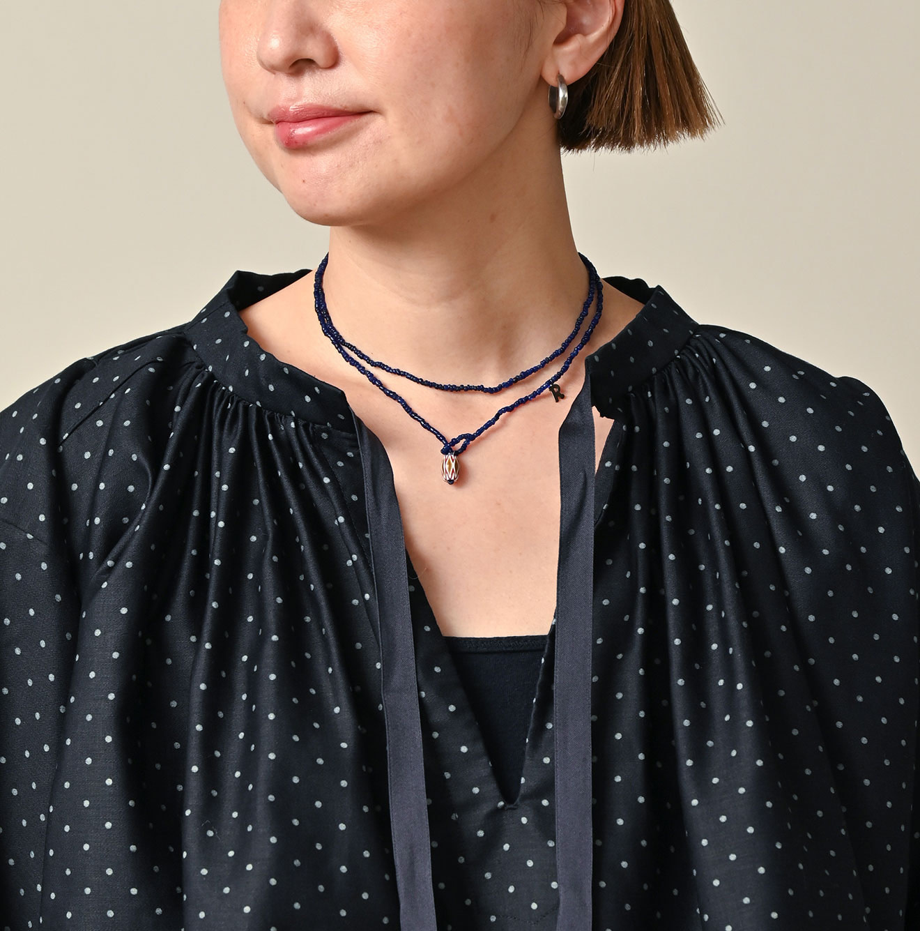 Indigo Dot Print Scrunchie Smock Blouse Detail