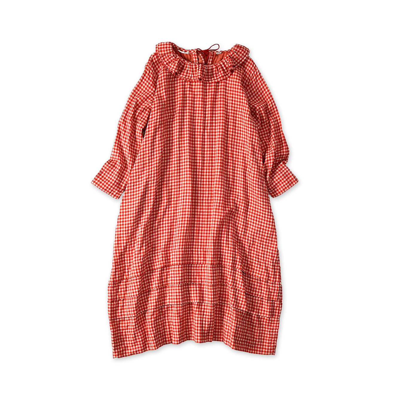 Gauze Double Woven Frill Collar Dress Red Gingham