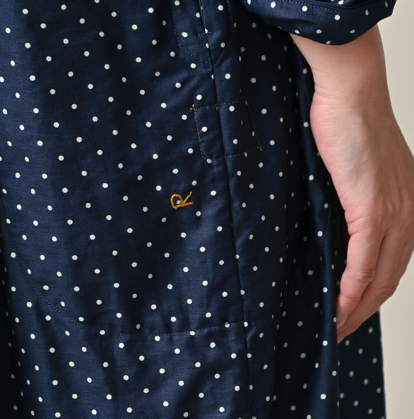 Indigo Dot Print Scrunchie Smock Dress Detail