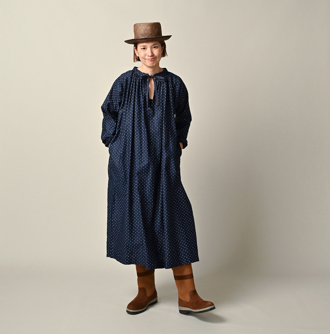 Indigo Dot Print Scrunchie Smock Dress Female Model