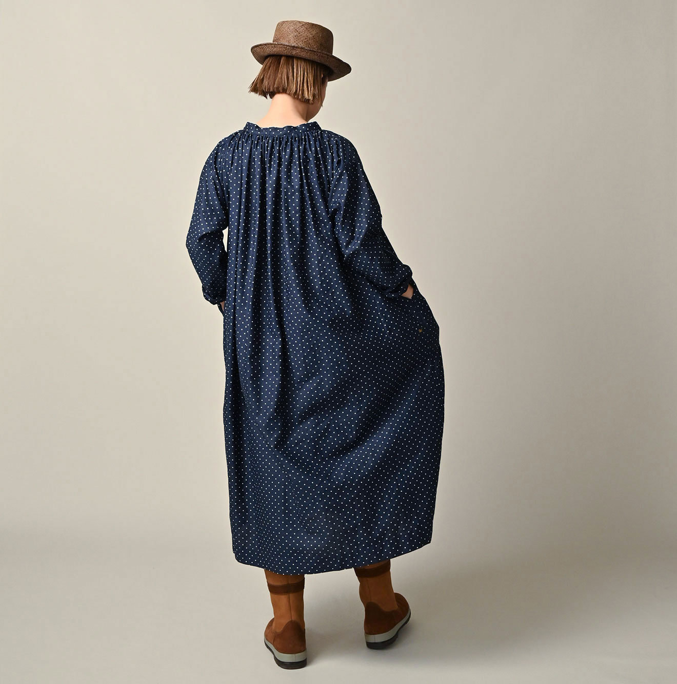 Indigo Dot Print Scrunchie Smock Dress Female Model