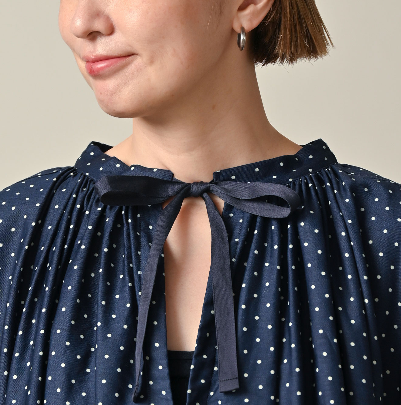 Indigo Dot Print Scrunchie Smock Dress Detail