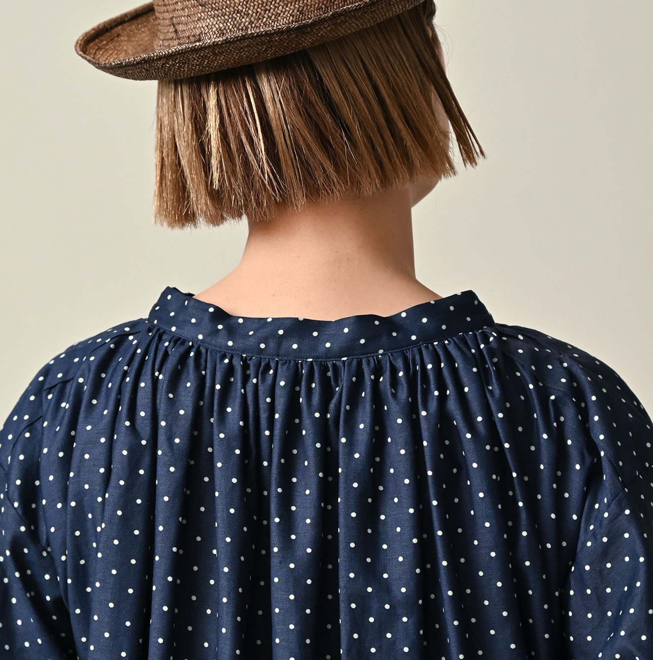 Indigo Dot Print Scrunchie Smock Dress Detail
