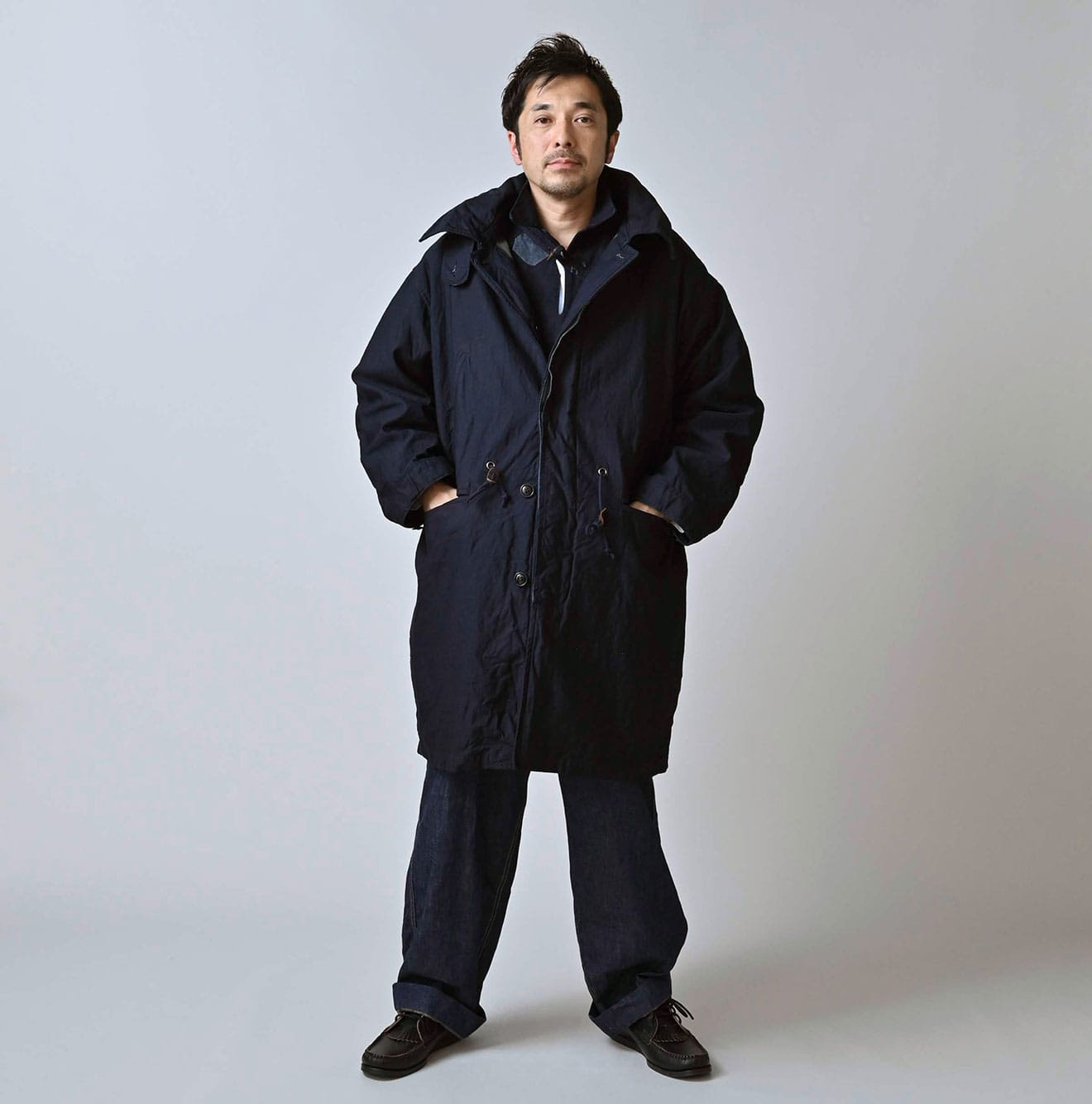 Indigo Back Satin x Nylon Urake 908 Canadian Mods Coat Male Model