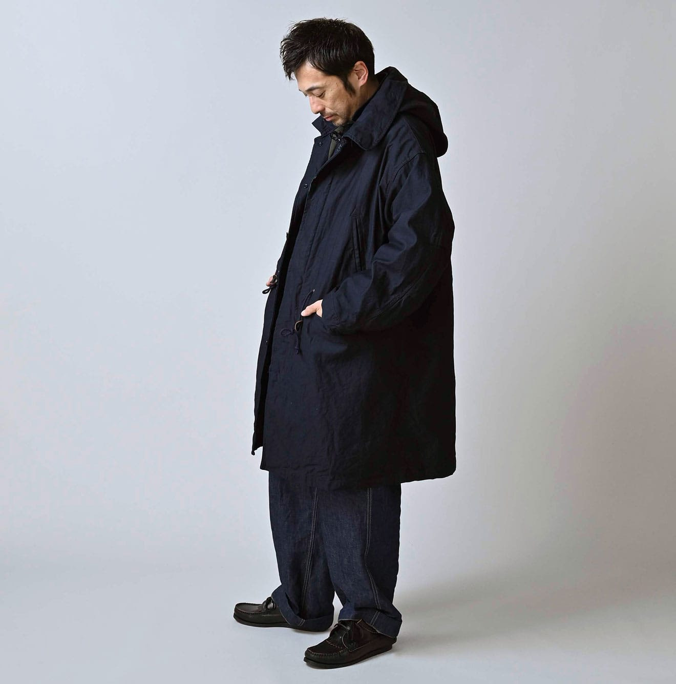 Indigo Back Satin x Nylon Urake 908 Canadian Mods Coat Male Model