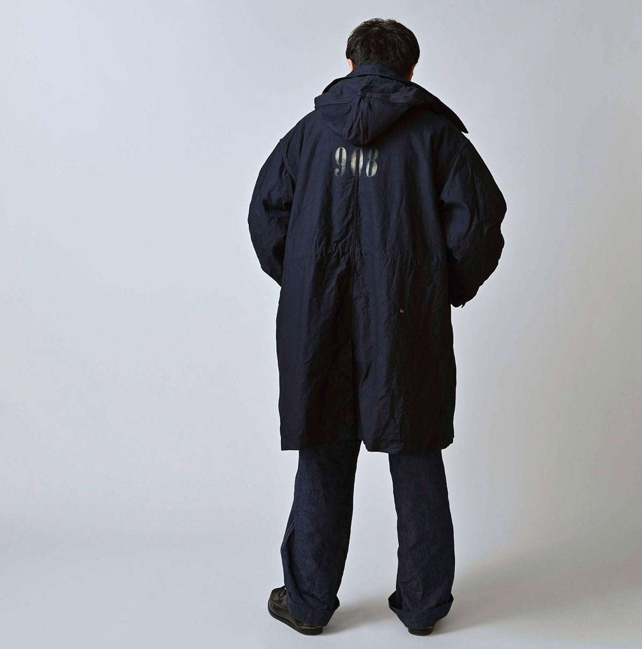 Indigo Back Satin x Nylon Urake 908 Canadian Mods Coat Male Model