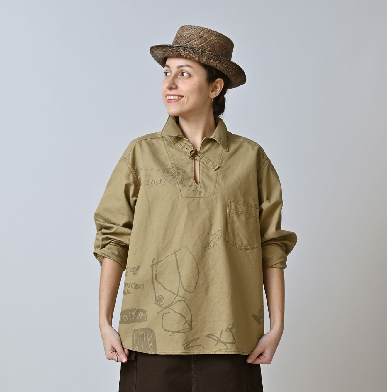 Duck Doodle Print 908 Duffer Shirt Female Model