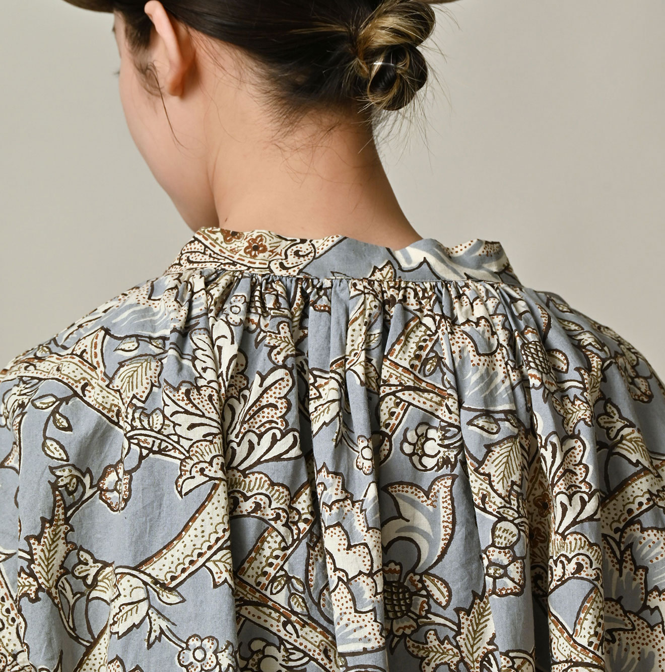 Indian Khadi Flower Sarasa Print Chou Chou Smock Blouse Detail