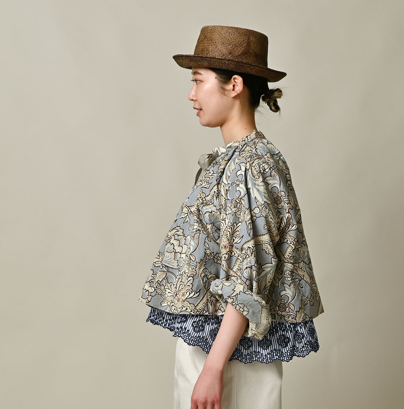 Indian Khadi Flower Sarasa Print Chou Chou Smock Blouse Female Model