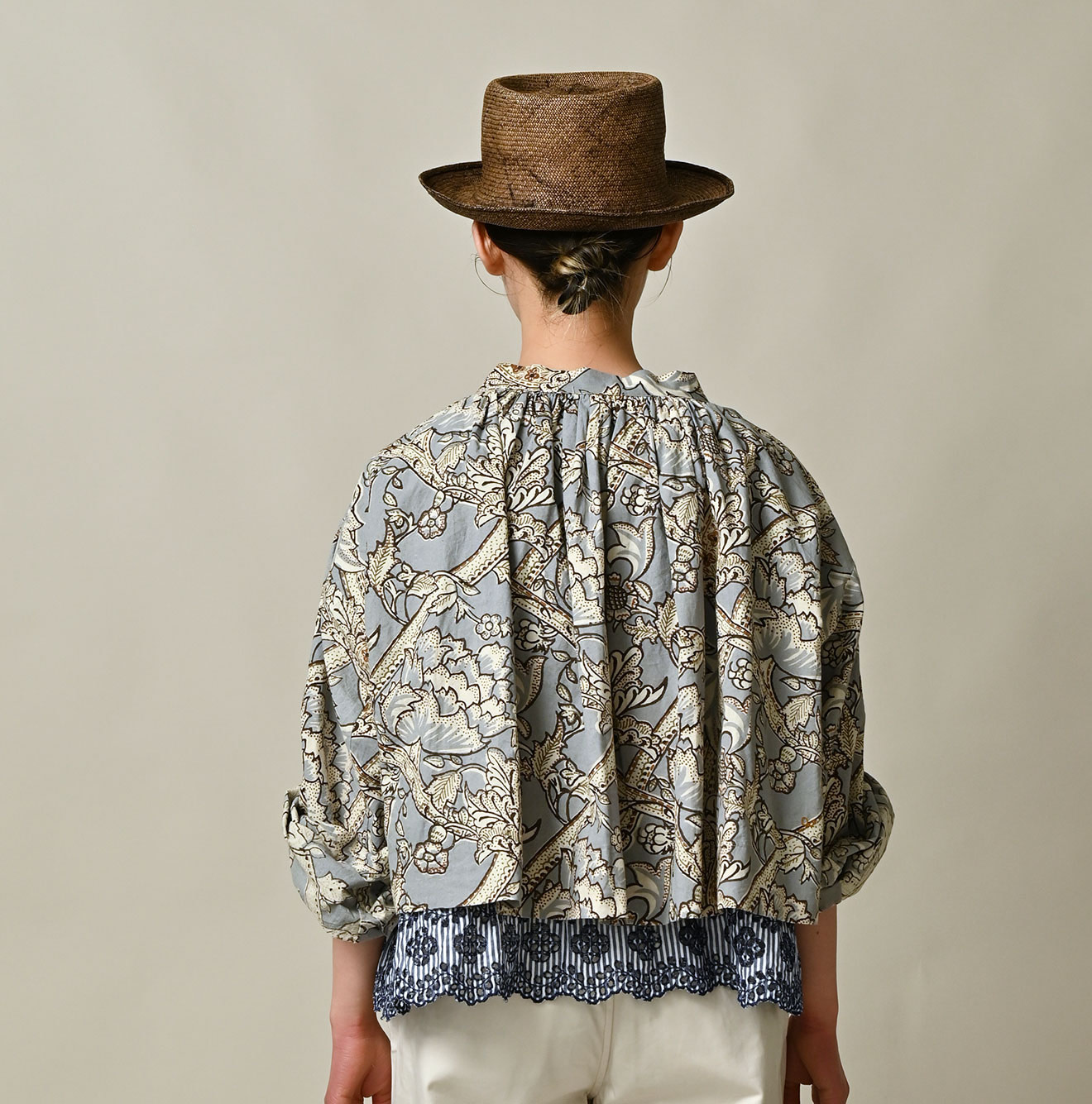 Indian Khadi Flower Sarasa Print Chou Chou Smock Blouse Female Model