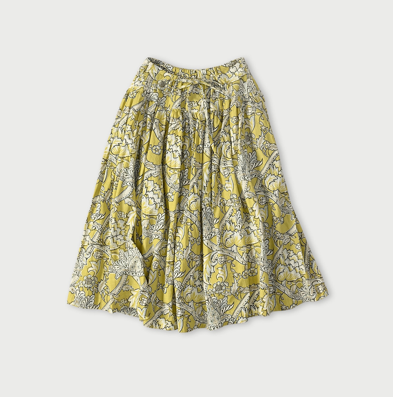Indian Khadi Flower Sarasa Print Easy Gather Skirt Lemon