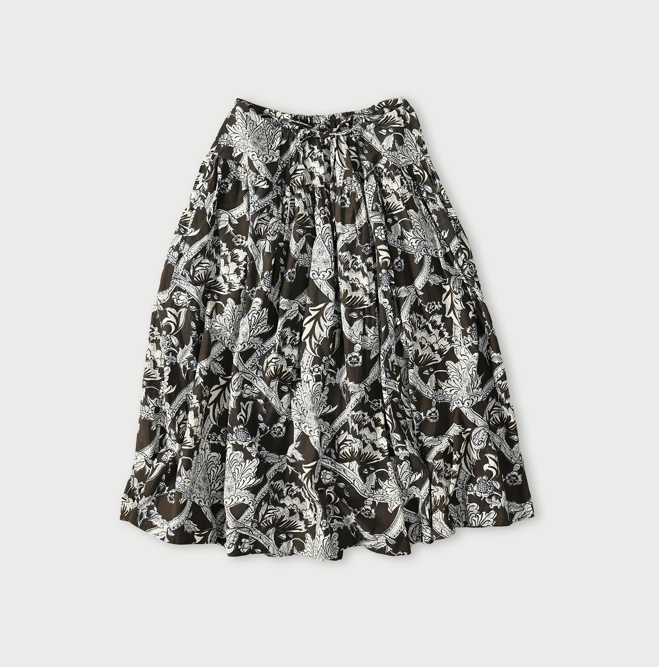 Indian Khadi Flower Sarasa Print Easy Gather Skirt Brown