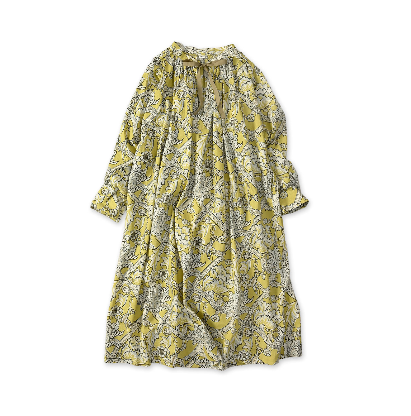 Indian Khadi Flower Sarasa Print Chou Chou Smock Dress Lemon