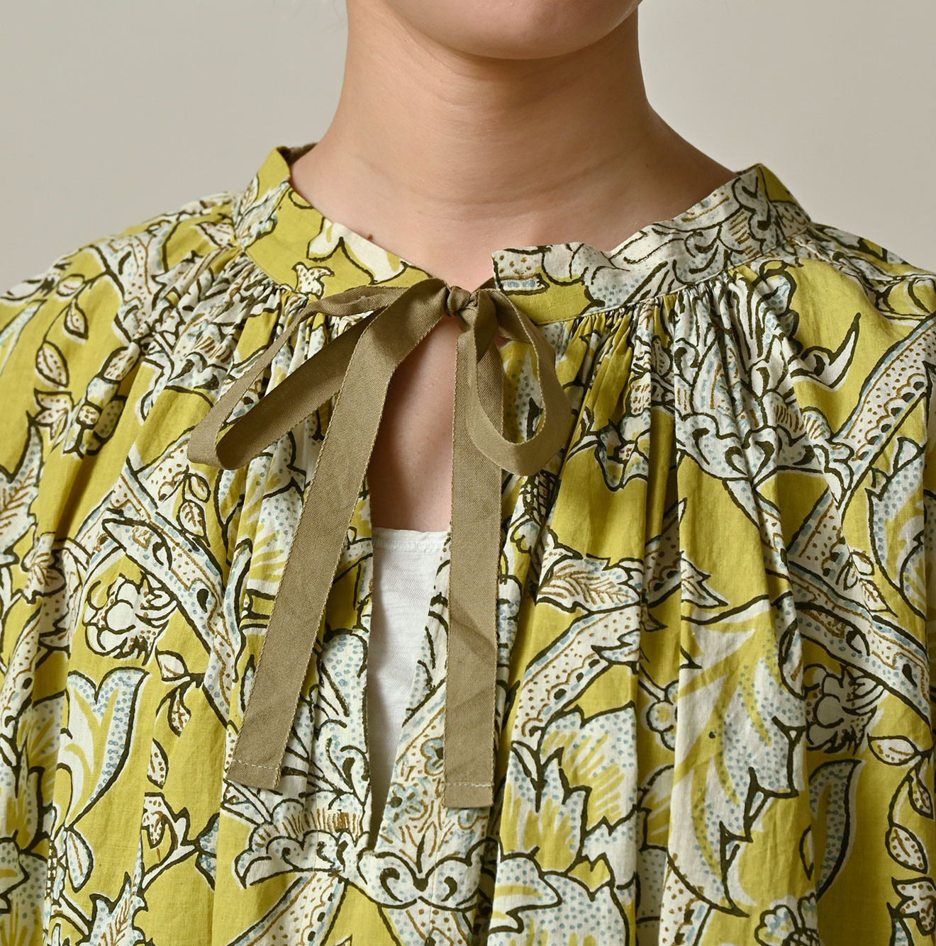 Indian Khadi Flower Sarasa Print Chou Chou Smock Dress Detail