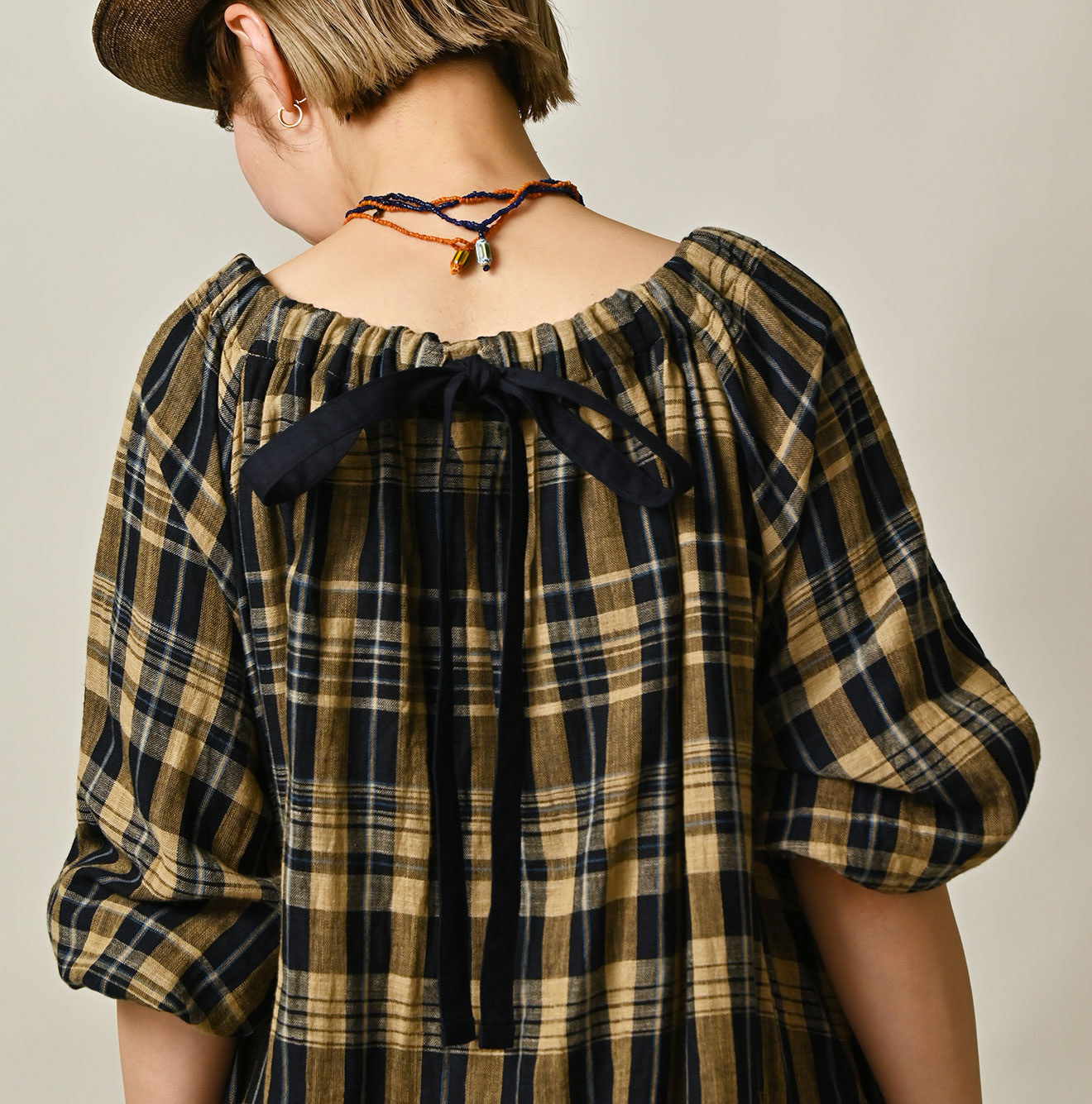 Indigo Double Woven Shirring Dress Detail