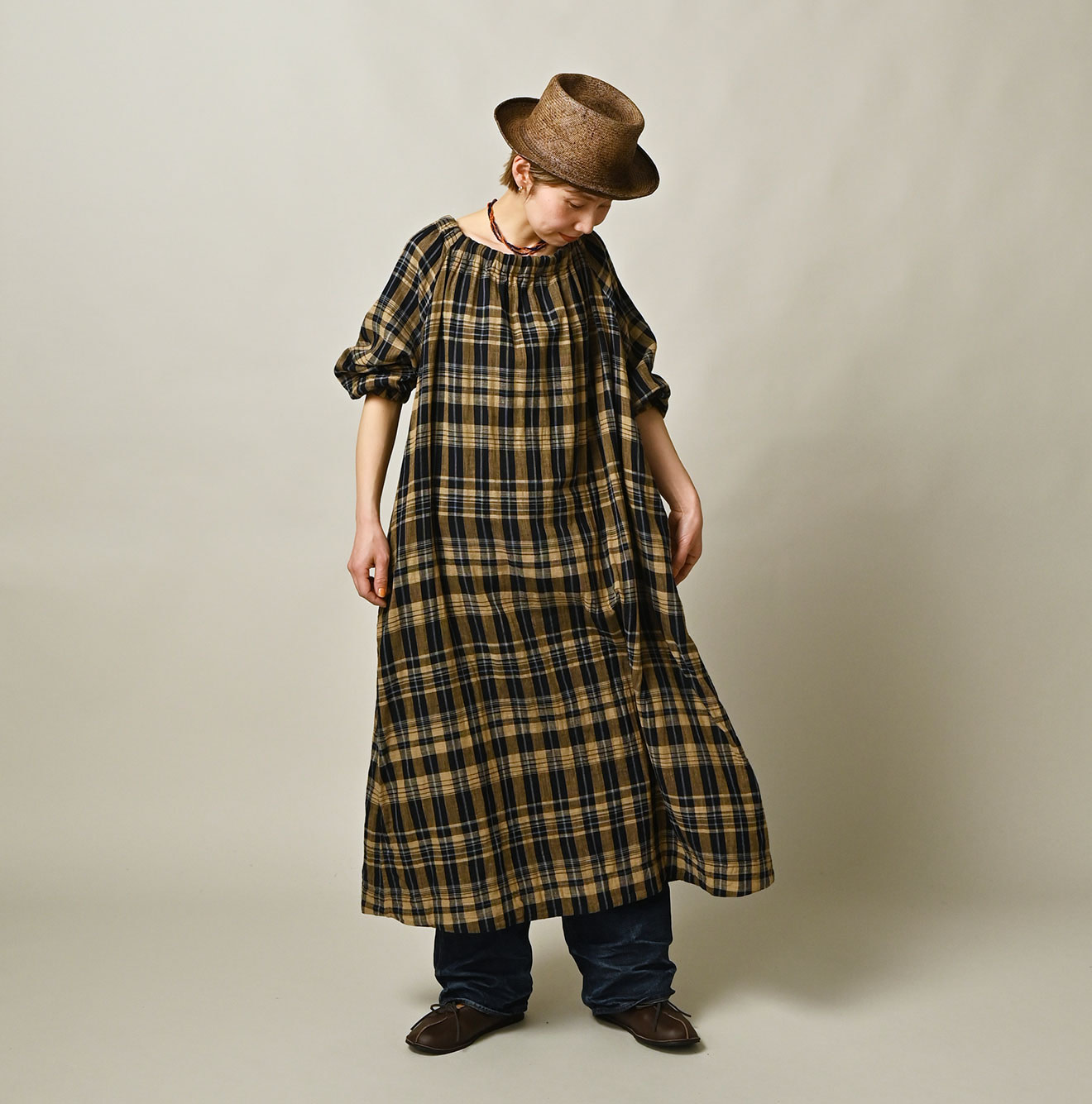 Indigo Double Woven Shirring Dress Female Model