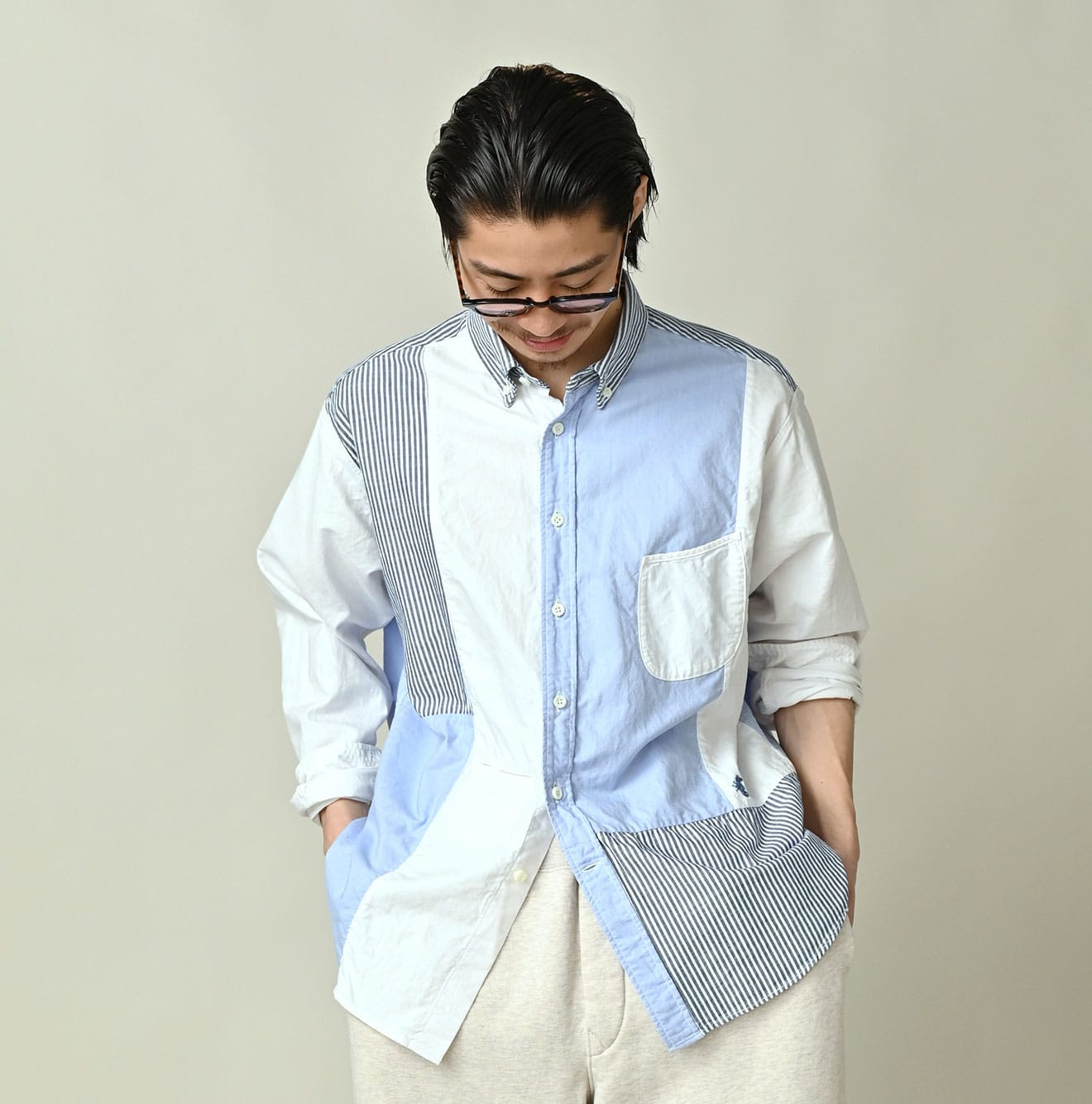 Happy Patch Work Supima OX 908 Ocean Canvas Shirt Male Model