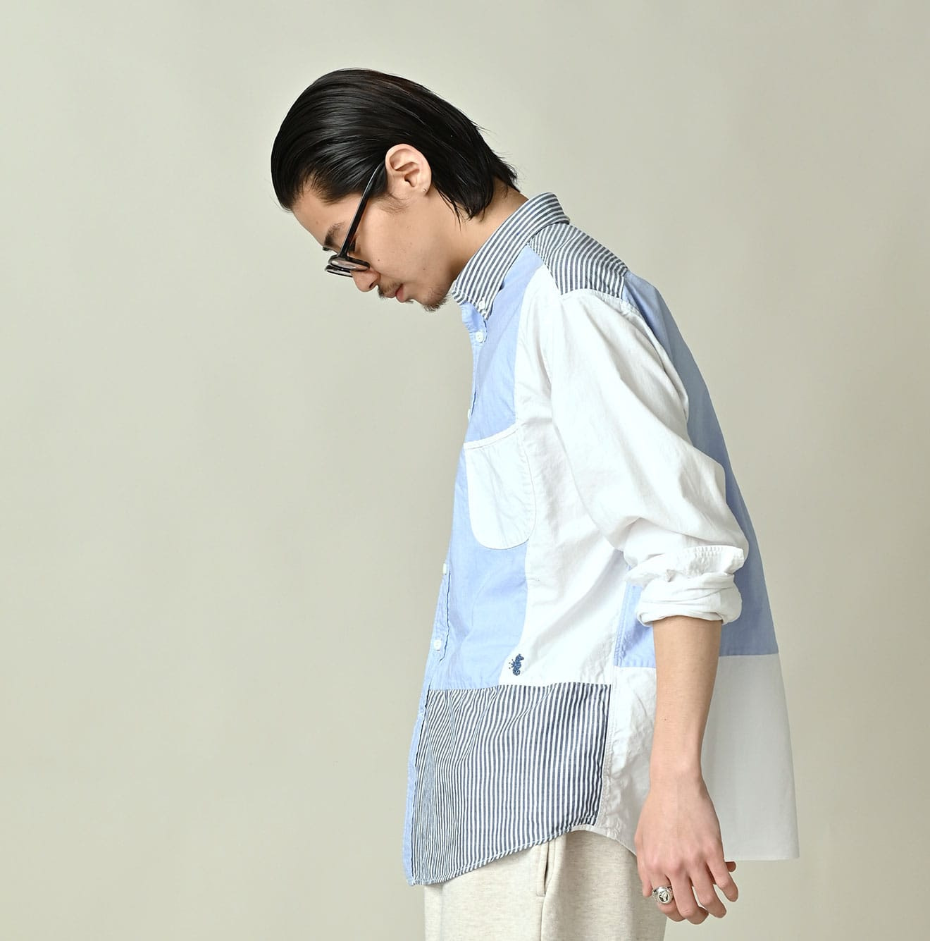 Happy Patch Work Supima OX 908 Ocean Canvas Shirt Male Model