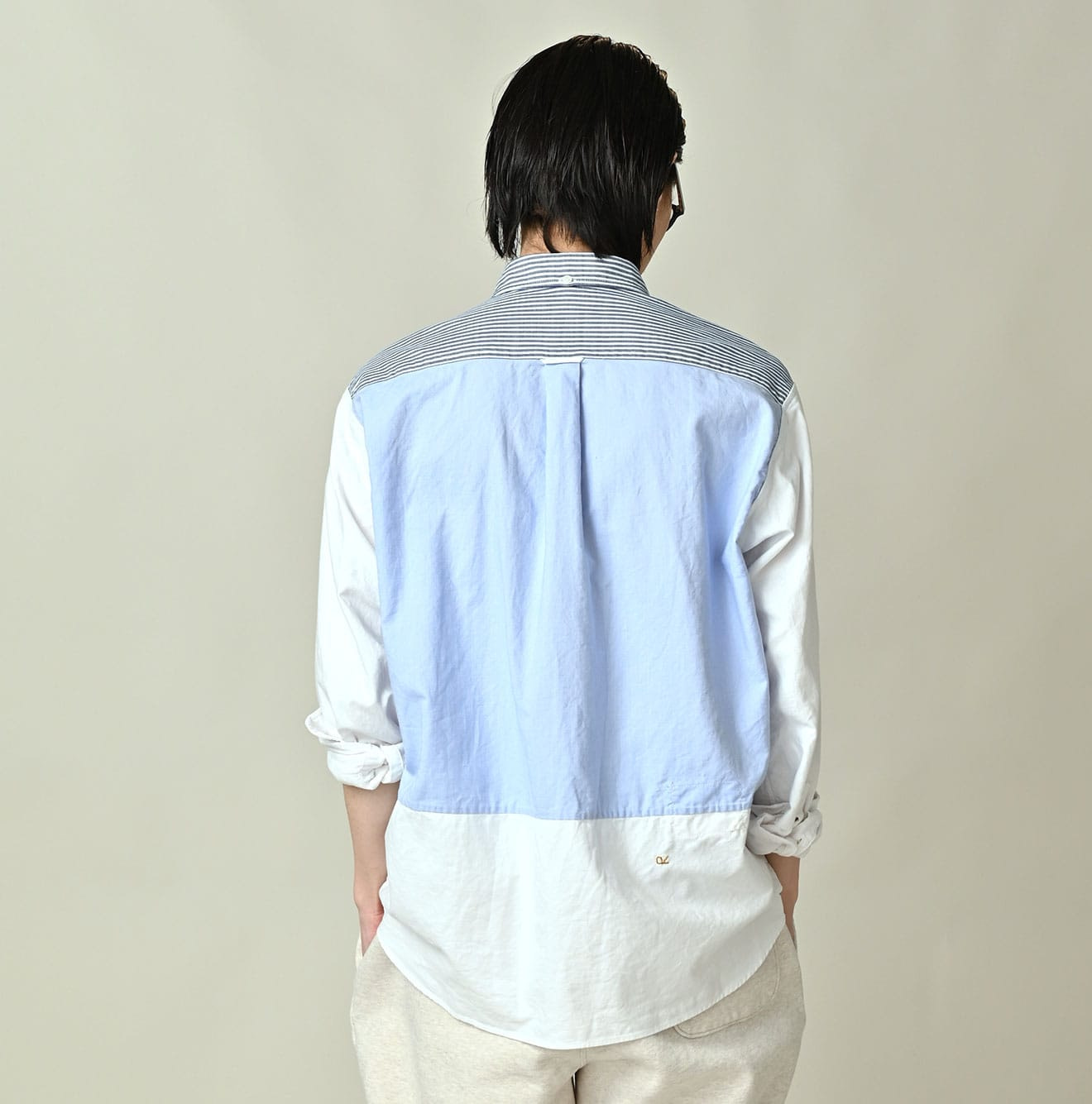Happy Patch Work Supima OX 908 Ocean Canvas Shirt Male Model